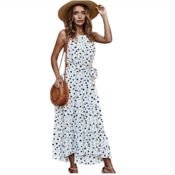 Ivory polka dot sleeveless racerback tiered ruffle hem maxi dress NWT size S - Picture 8 of 8